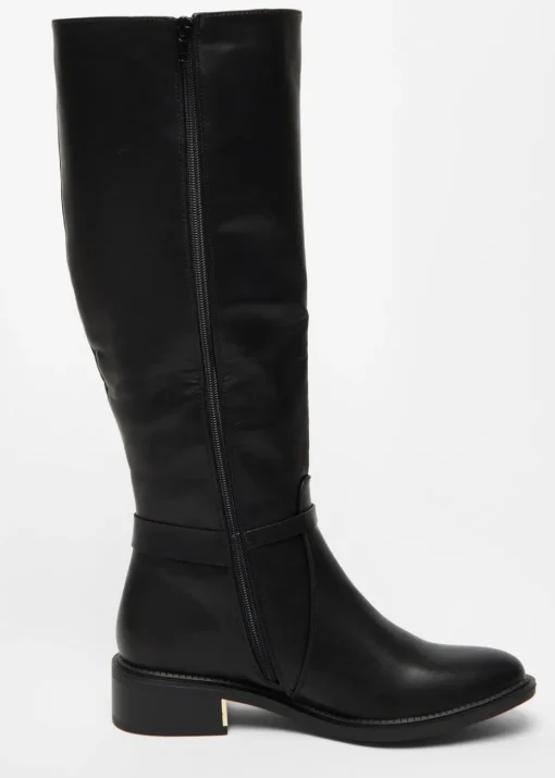 Quiz Black Wide Fit Faux Leather Knee High Flat Boots