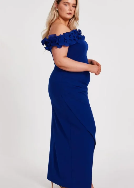 Quiz Blue Curve Bardot Ruffle Maxi Dress
