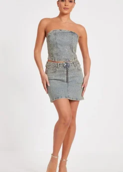 Quiz Blue Denim Embellished Mini Skirt