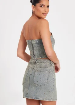Quiz Blue Denim Embellished Mini Skirt