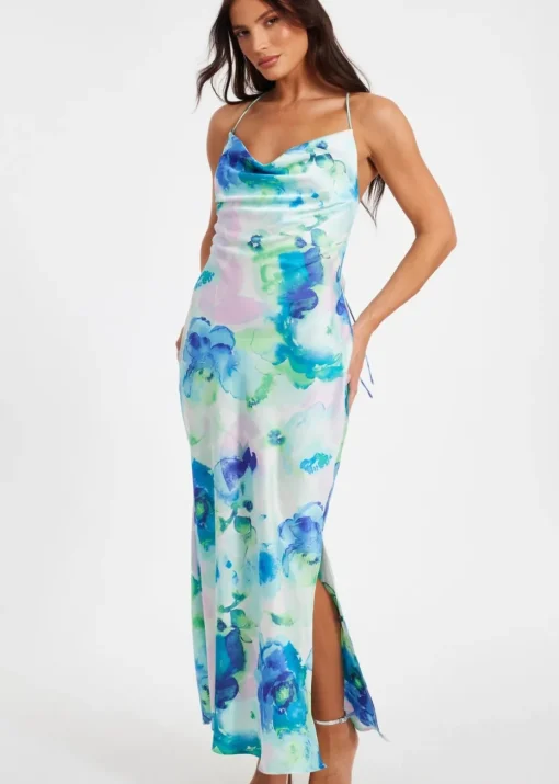 Quiz Blue Satin Tie Dye Midaxi Dress