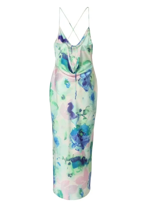 Quiz Blue Satin Tie Dye Midaxi Dress