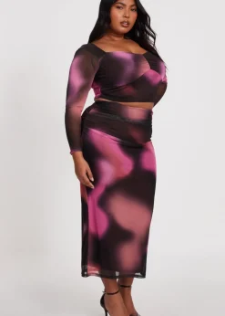 Quiz Brown Curve Marble Print Crop Top