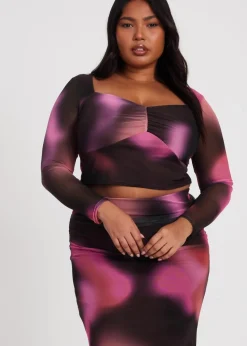 Quiz Brown Curve Marble Print Crop Top