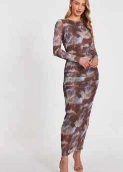 Quiz Brown Mesh Printed Midaxi Dress