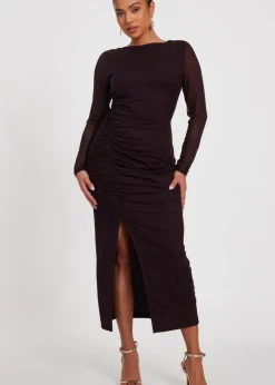 Quiz Brown Petite Mesh Long Sleeve Midaxi Dress
