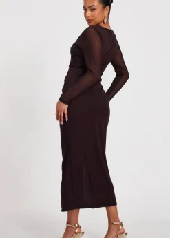 Quiz Brown Petite Mesh Long Sleeve Midaxi Dress