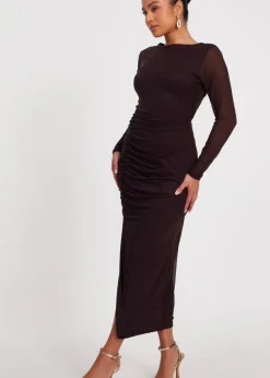 Quiz Brown Petite Mesh Long Sleeve Midaxi Dress