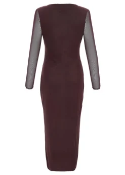 Quiz Brown Petite Mesh Long Sleeve Midaxi Dress