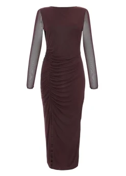 Quiz Brown Petite Mesh Long Sleeve Midaxi Dress