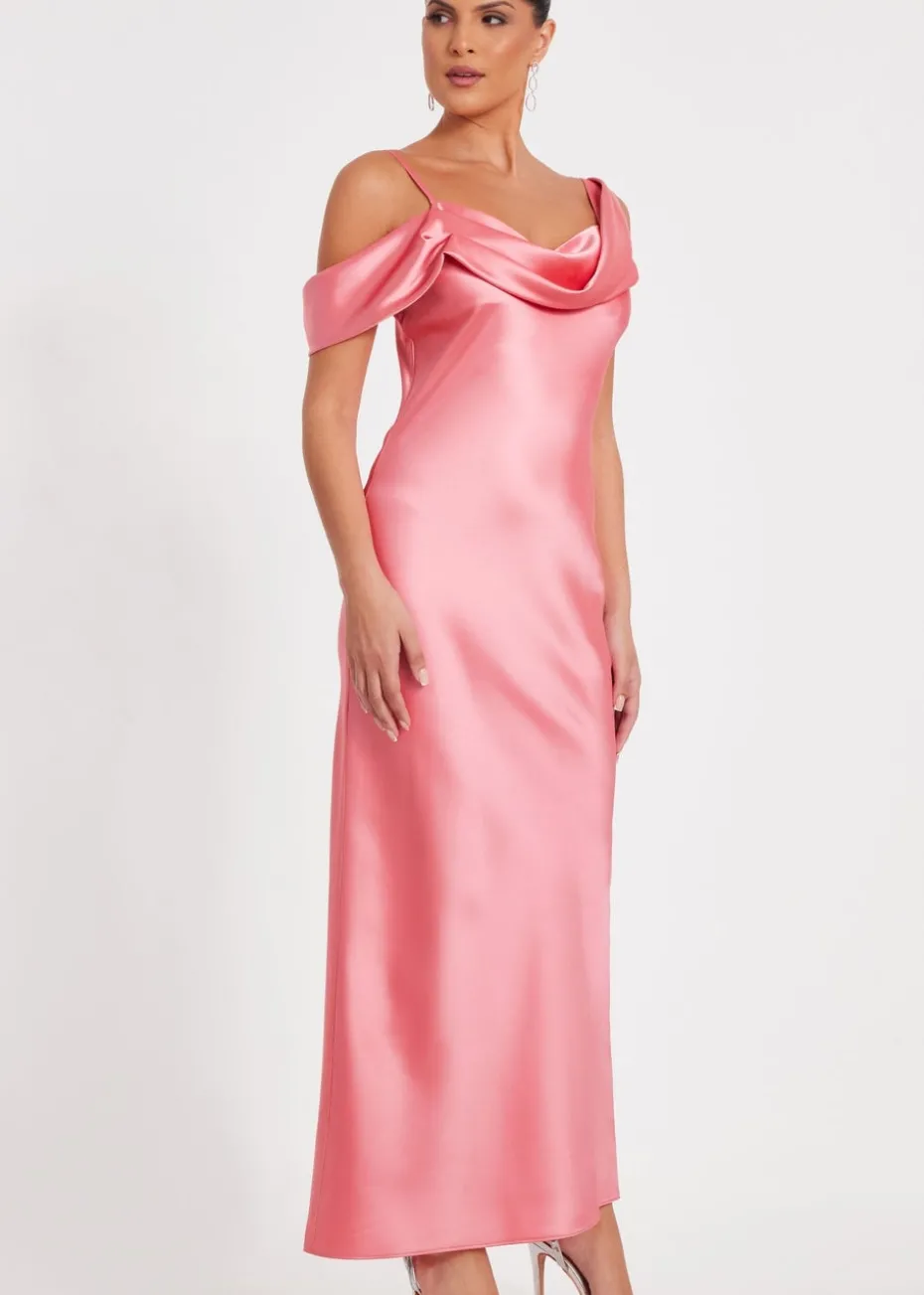 Quiz Coral Satin Drop Shoulder Maxi Dress