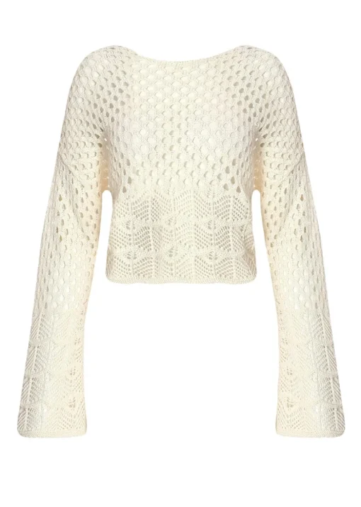 Quiz Cream Crochet Long Sleeve Top