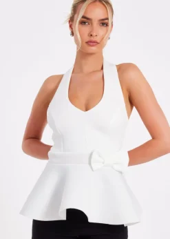 Quiz Cream Halter Neck Peplum Top