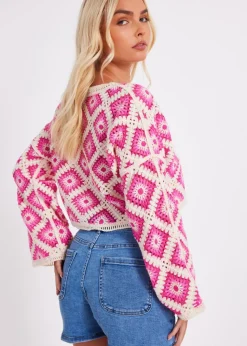 Quiz Fuschia Crochet Geometric Crop Top