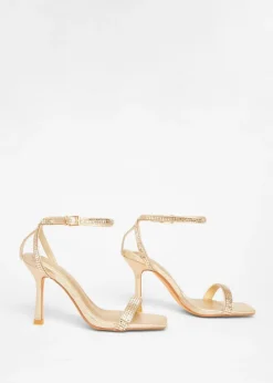 Quiz Gold Diamante Strap Heels