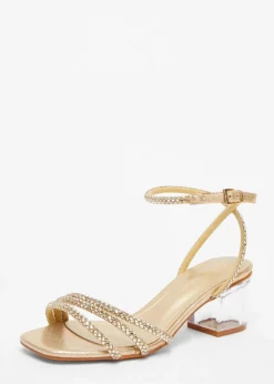 Quiz Gold Wide Fit Diamante Low Heeled Sandal