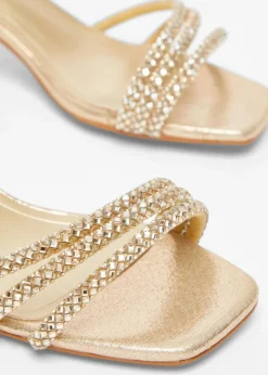 Quiz Gold Wide Fit Diamante Low Heeled Sandal