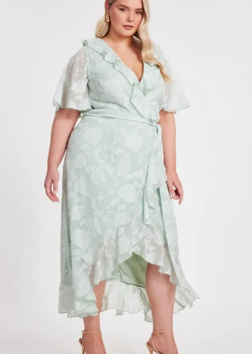 Quiz Green Curve Jacquard Frill Midaxi Dress