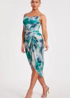 Quiz Green Satin Marble Print Midaxi Dress