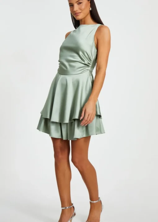 Quiz Green Satin Tiered Skater Dress
