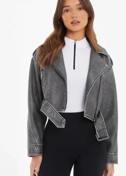 Quiz Grey Faux Leather Oversized Biker Jacket