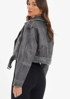 Quiz Grey Faux Leather Oversized Biker Jacket