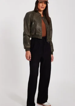 Quiz Khaki Faux Leather Bomber Jacket