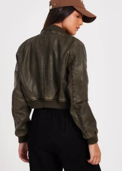 Quiz Khaki Faux Leather Bomber Jacket