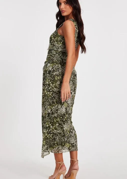 Quiz Khaki Mesh Animal Print Midaxi Dress