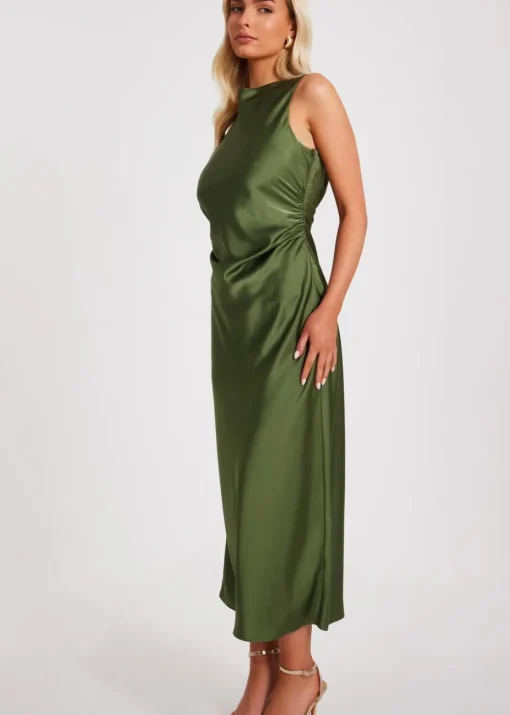 Quiz Khaki Satin Ruched Midi Dress