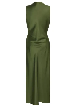 Quiz Khaki Satin Ruched Midi Dress