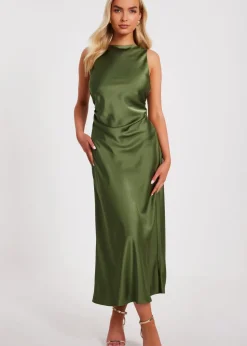 Quiz Khaki Satin Ruched Midi Dress