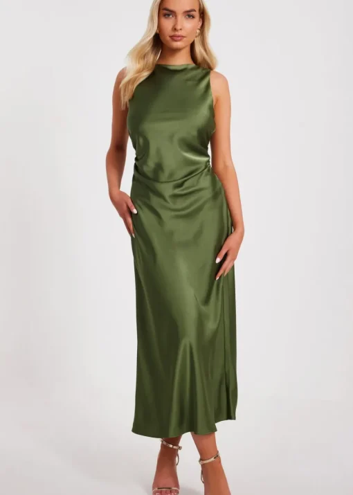 Quiz Khaki Satin Ruched Midi Dress