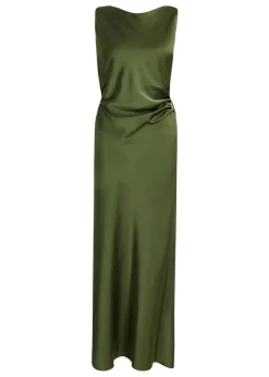 Quiz Khaki Satin Ruched Midi Dress