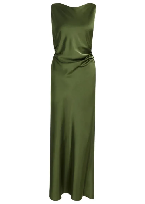 Quiz Khaki Satin Ruched Midi Dress