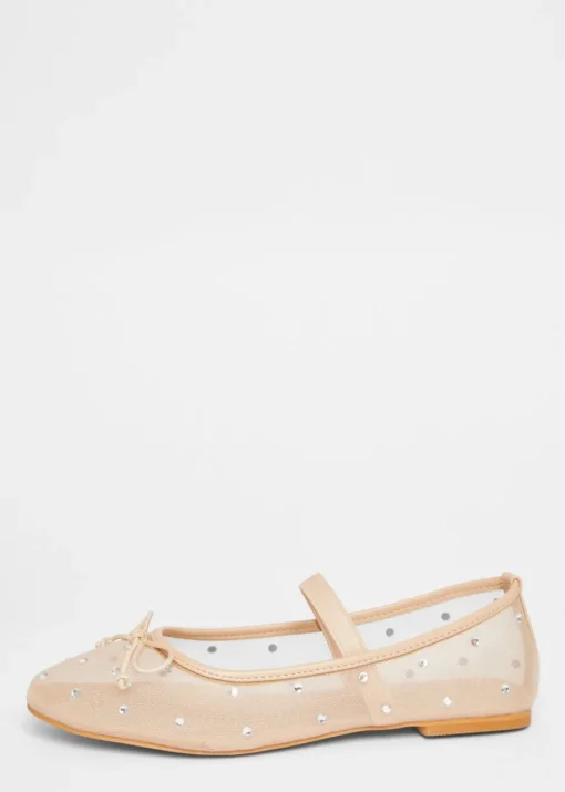 Quiz Natural Mesh Diamante Bow Pumps