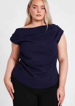 Quiz Navy Curve Drape Neck Top