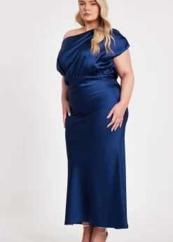 Quiz Navy Curve Satin Midaxi Dress