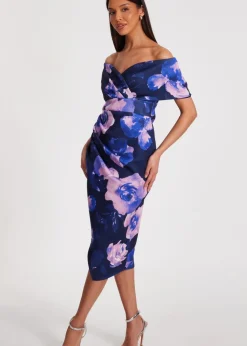 Quiz Navy Floral Bardot Midi Dress