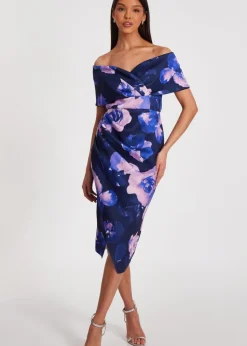 Quiz Navy Floral Bardot Midi Dress