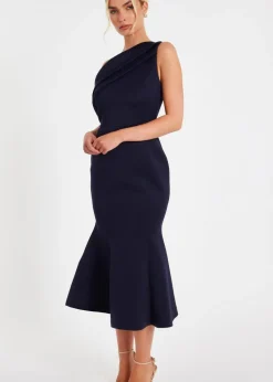 Quiz Navy One Shoulder Peplum Dress