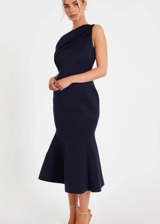 Quiz Navy One Shoulder Peplum Dress