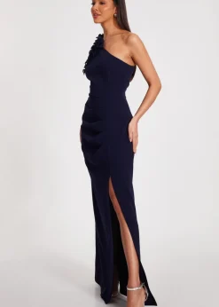 Quiz Navy One Shoulder Ruffle Maxi Dress