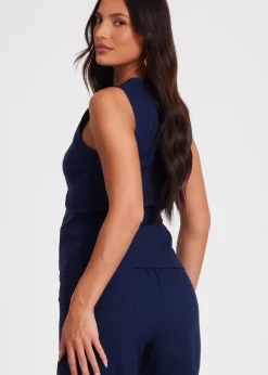 Quiz Navy Pinstripe Button Front Waistcoat