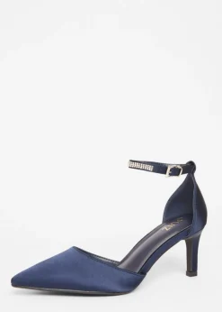 Quiz Navy Satin Diamante Strap Court Heels