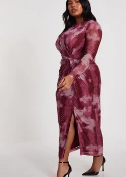 Quiz Pink Curve Marble Print Midaxi Dress