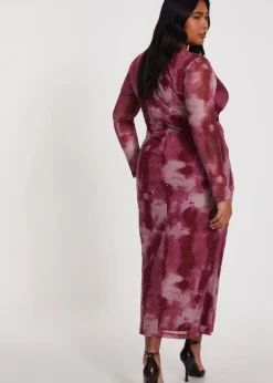 Quiz Pink Curve Marble Print Midaxi Dress