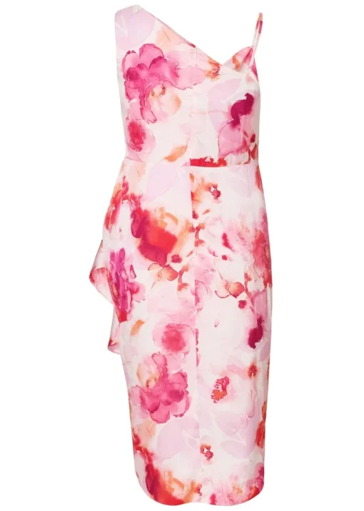 Quiz Pink Curve Tropical Print Midi Dress