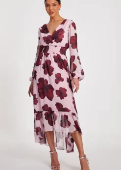 Quiz Pink Floral Dip Hem Midi Dress