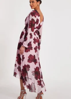 Quiz Pink Floral Dip Hem Midi Dress